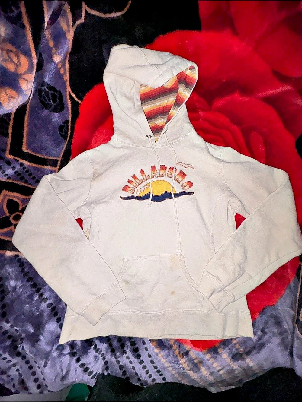 Billabong Striped Pullover Hoodie White & Red XL